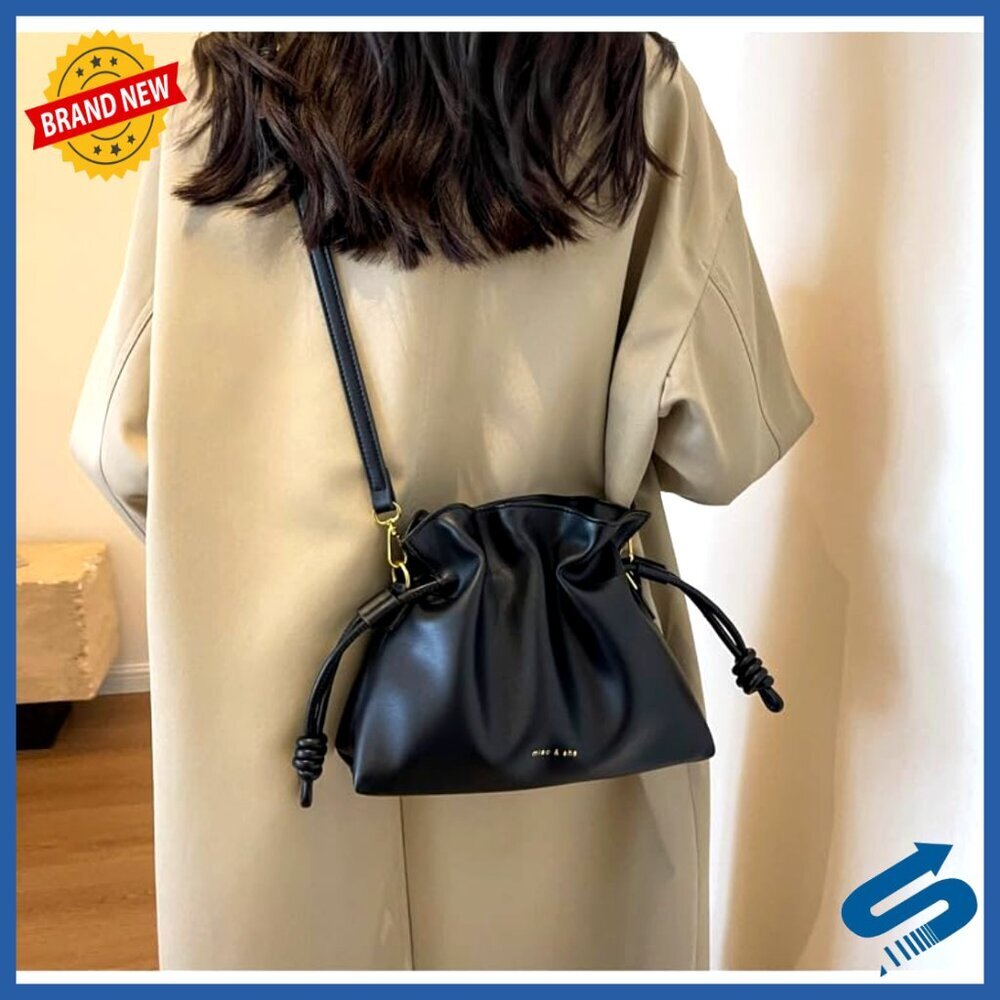 Minimalist Drawstring Bucket Bag Crossbody Pleated Chic Adjustable Strap - Picture 5 of 7